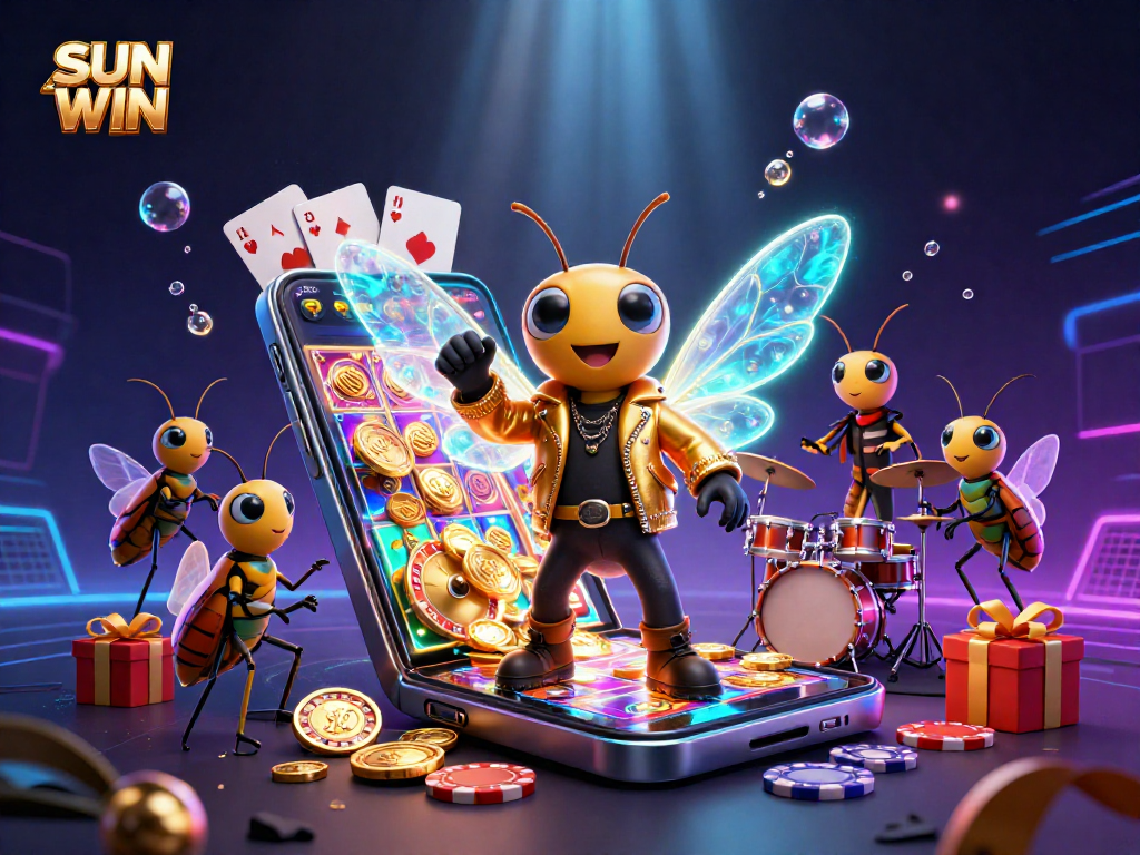 SUN WIN showcases an energetic scene with a rock star cicada, beetle drummer, and vibrant casino game elements.