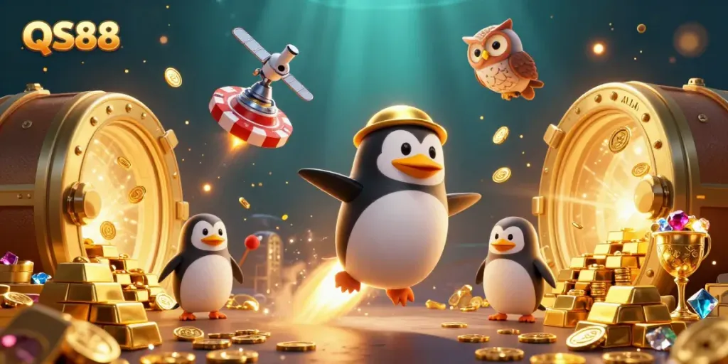 Experience exhilarating wins at QS88 casino with a golden penguin rocket soaring through a treasure-rich space.