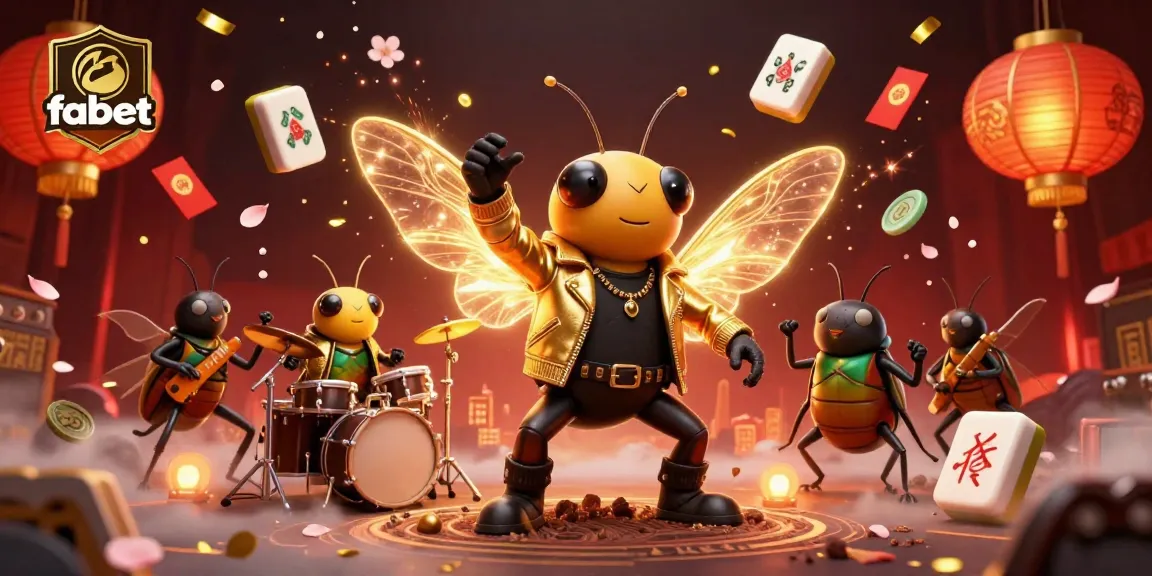 Experience fabet's thrilling atmosphere with a cartoon cicada rock star and vibrant gaming elements.