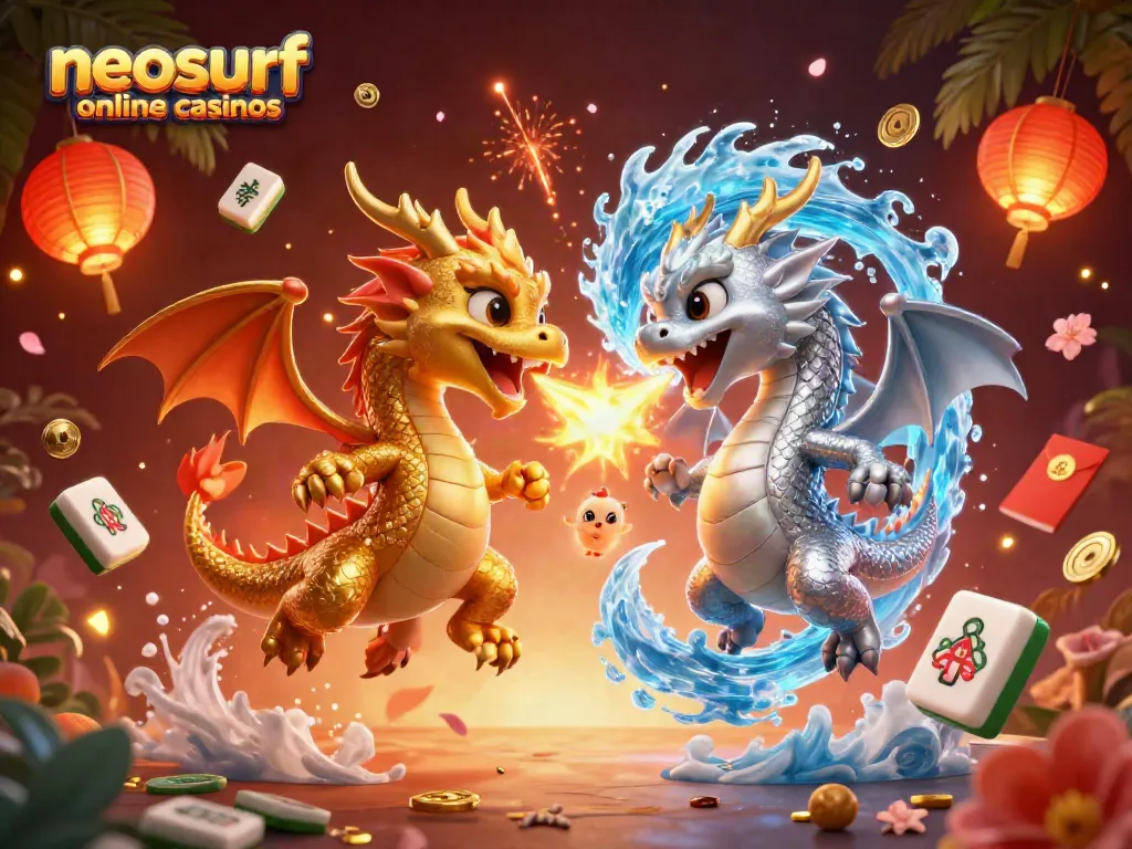 Experience excitement in neosurf online casinos with vibrant dragons, festive elements, and casino symbols!
