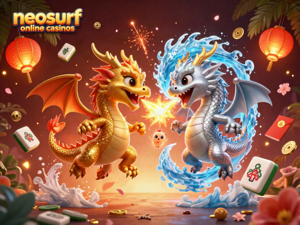 Experience excitement in neosurf online casinos with vibrant dragons, festive elements, and casino symbols!