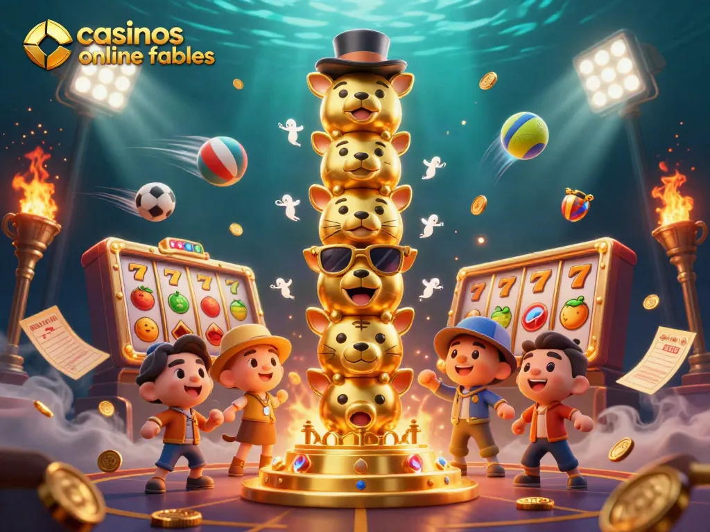 Explora los mejores casinos online fiables con un emocionante tótem de casino, símbolos de frutas y bolas deportivas.