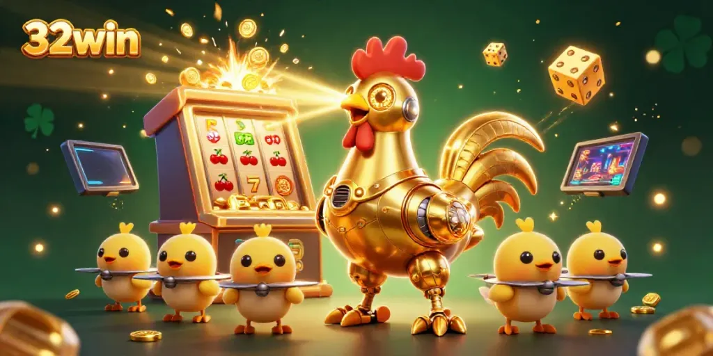 Experience 32win's excitement with a golden rooster robot and chick drones in a dynamic casino scene.