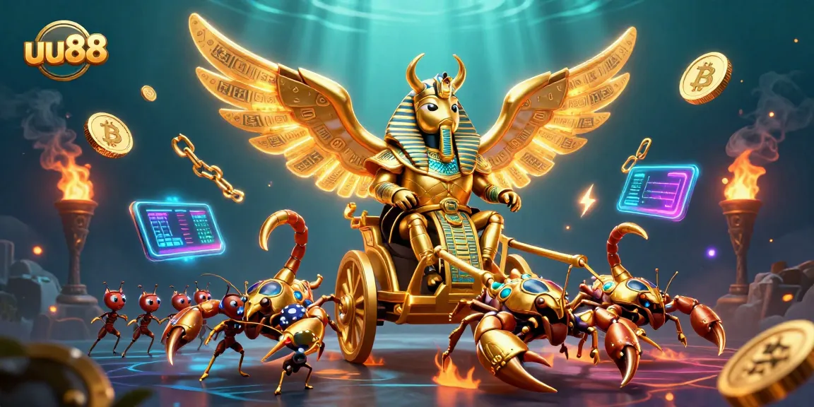 Engage with uu88's thrilling casino experience amidst a dynamic 3D golden beetle and scorpions.