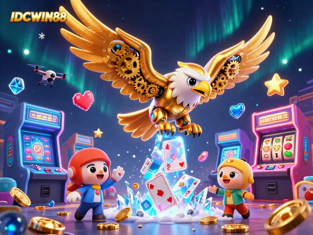 Engage with the thrilling world of IDCWIN88 as the cybernetic eagle dives through holographic cards.