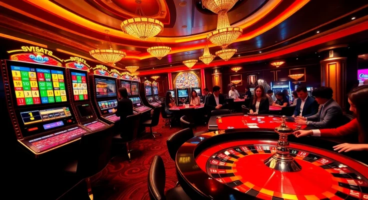 Engaging gambling experience at SV368 Trang chủ featuring vibrant slot machines and poker tables.