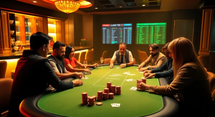 Engaging players at a U888 online casino poker table with vibrant chips and cards.