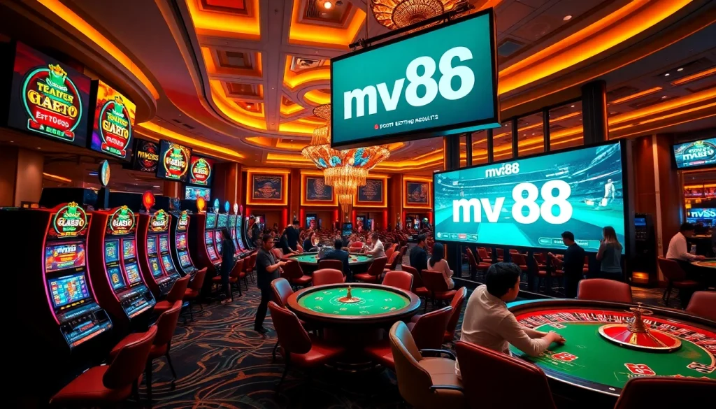 Experience thrilling moments at mv88 gaming tables and slot machines in a luxurious casino.