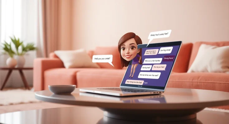 Engaging porn chat ai interface with a digital character in a modern living room, promoting interactive experiences.