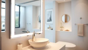 Enhance your bathroom aesthetics with a stunning mirror and led lights illuminating space.
