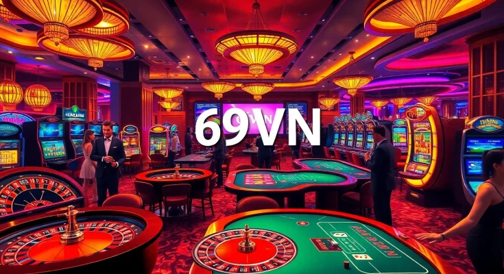 Exciting casino scene featuring vibrant gaming elements at 69VN with lively players enjoying their bets.