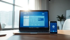 快连官网 displayed on a laptop in a modern workspace, showcasing fast internet solutions.