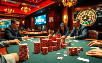 Engaged players enjoying a high-stakes game at nhà cái 888NEW casino, surrounded by chips and cards.