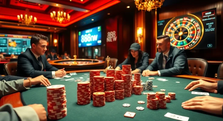 Engaged players enjoying a high-stakes game at nhà cái 888NEW casino, surrounded by chips and cards.
