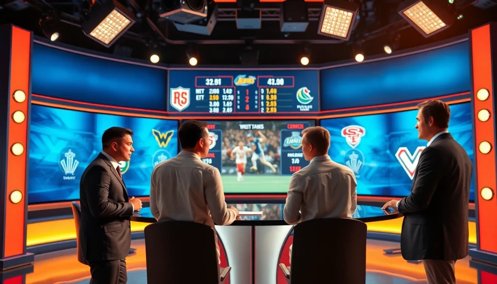 Engaging scene of sports broadcasting anchors delivering live updates in a modern studio.