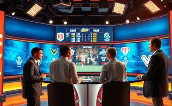 Engaging scene of sports broadcasting anchors delivering live updates in a modern studio.