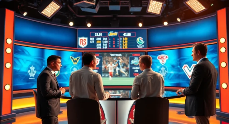 Engaging scene of sports broadcasting anchors delivering live updates in a modern studio.