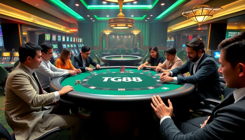 Experience the luxury of gambling at a TG88 poker table, capturing the thrill of the game.