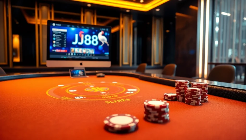 Experience the thrill of BJ88 with live gambling visuals at a luxurious blackjack table.