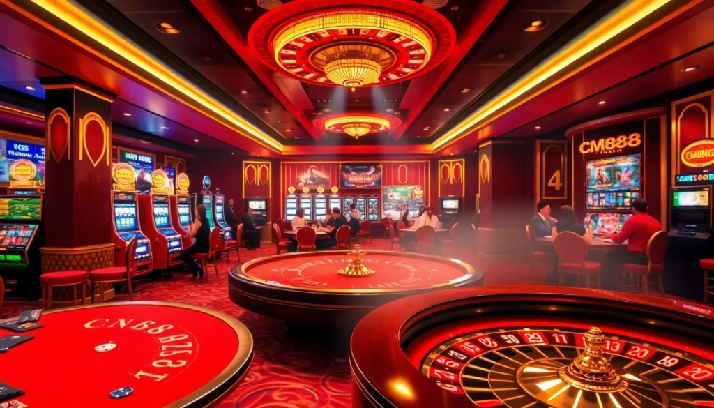 Engaging casino scene highlighting CM88 đăng nhập through vibrant games and elegant settings.