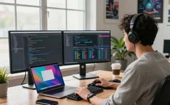 开发者在一个时尚的工作空间中使用谷歌浏览器，双显示器展示代码和创新设计。