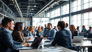 Explore a vibrant conference by a construction member organization with professionals collaborating actively.