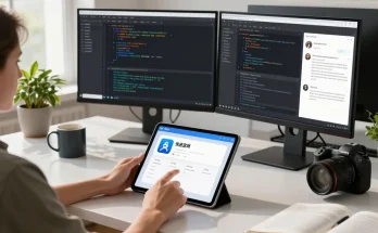 现代工作空间中双屏显示器、iPad和自然光下的快连官网安装过程。