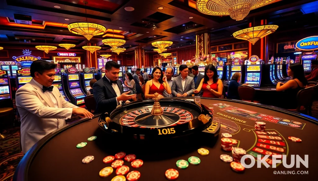 Excited players enjoying a game at OKFUN's vibrant casino table with chips and cards.
