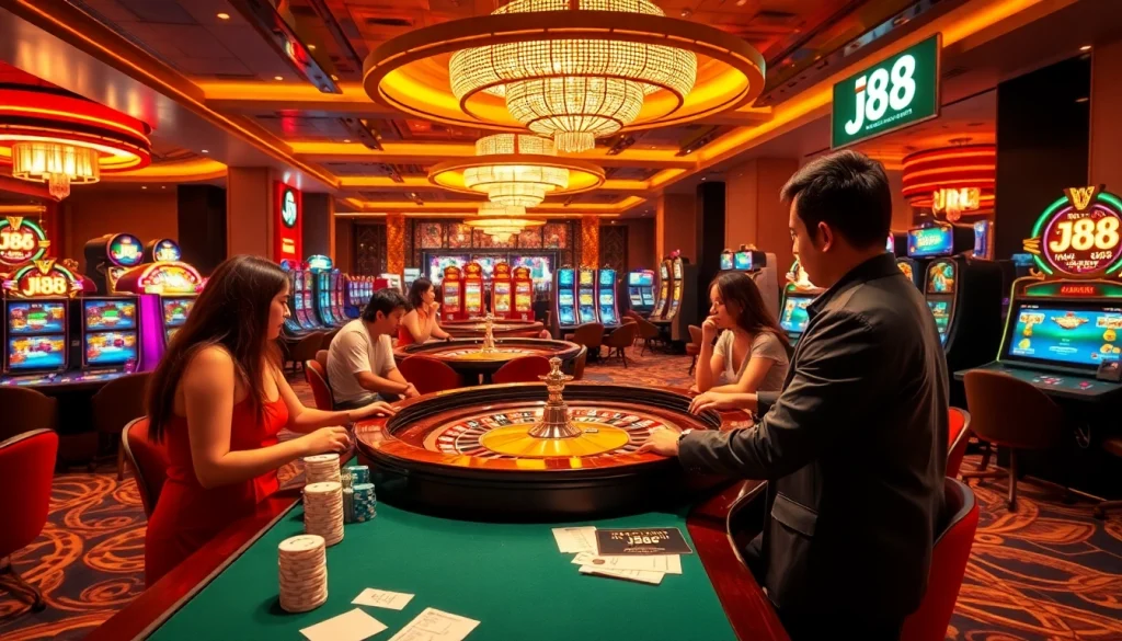Players enjoying a vibrant J88 casino experience with roulette and slot machines in a luxurious setting.