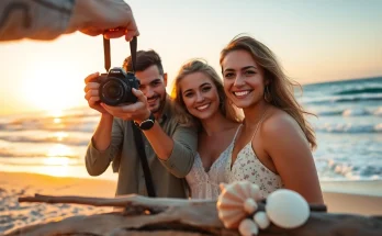 Destination photographer capturing romantic moments on a beach during sunset.