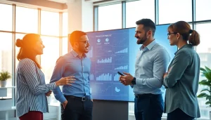 Conducting a Content Gap Analysis with a diverse team using digital visuals in a modern office.