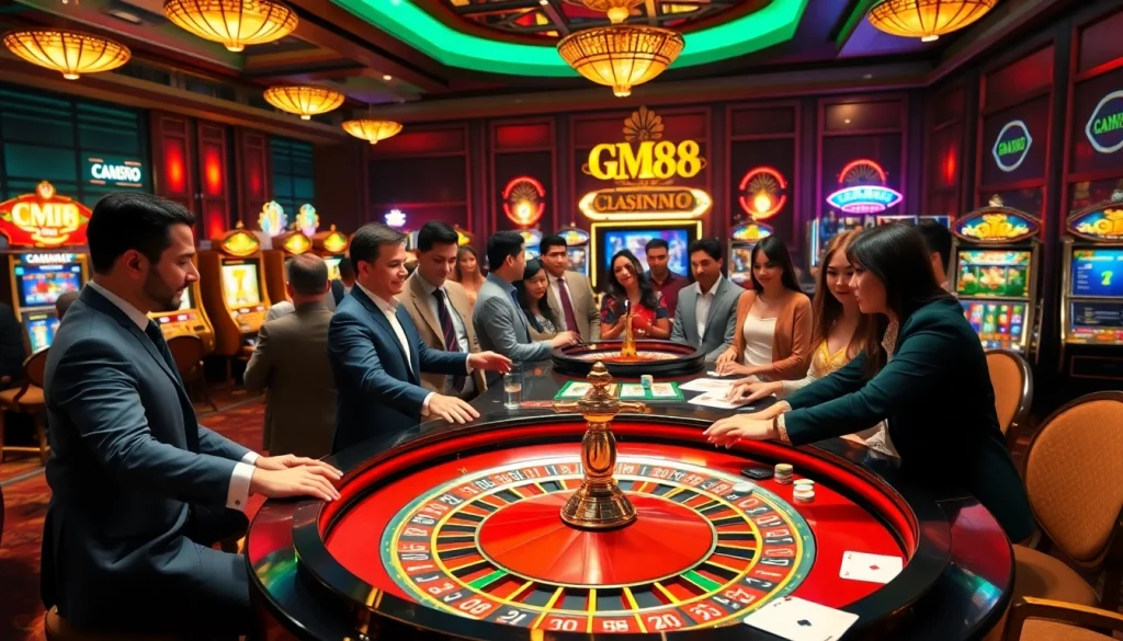 Excited gamblers placing bets at a luxurious casino table with CM88 statistics displayed.