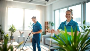 Technicians providing cleaning services calgary in a bright, tidy living room.