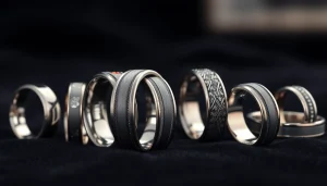 Tungsten rings displayed elegantly on velvet, showcasing intricate designs and polished finishes.
