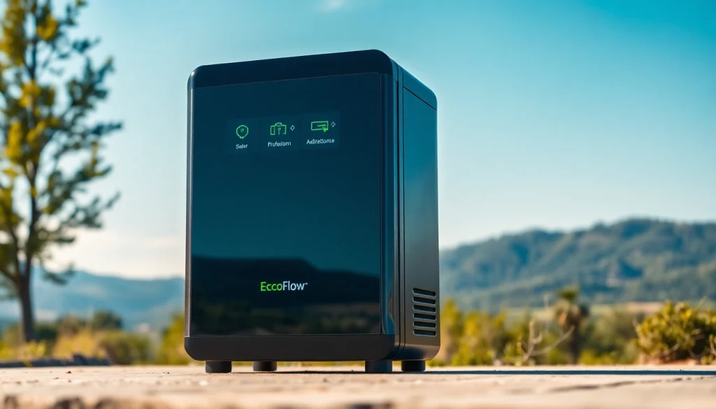 EcoFlow power station efficiently powering devices in a tranquil outdoor setting.