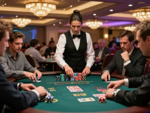 Players enjoy strategic blackjack gameplay at the 789win casino, with colorful chips and intense atmosphere.
