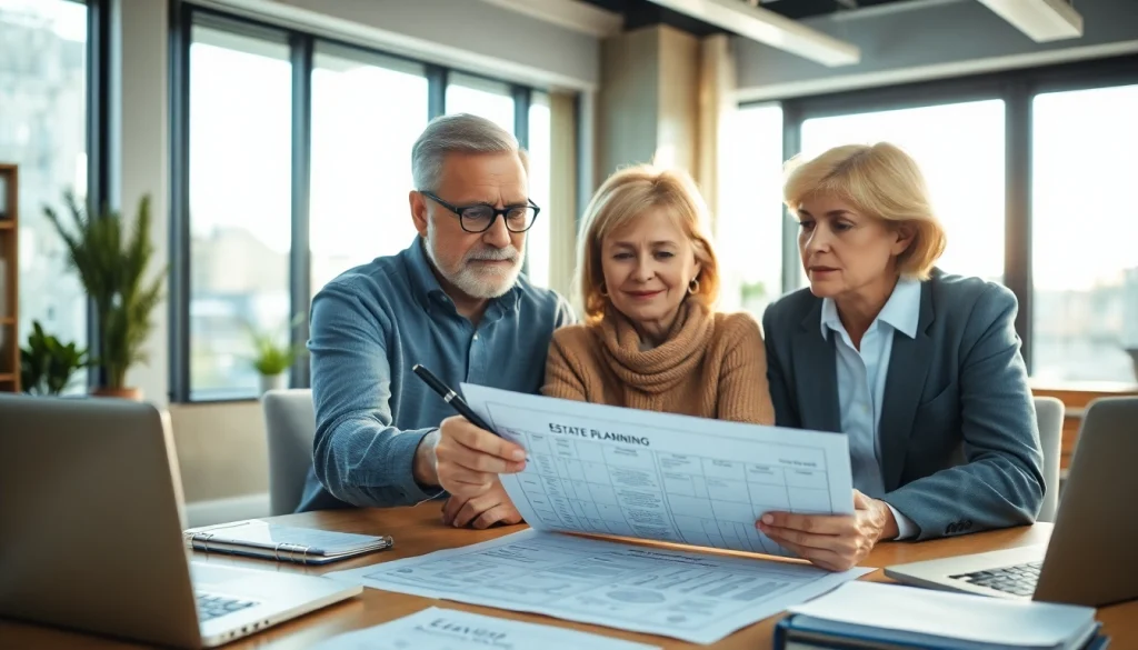Estate Planning discussion between couple and advisor in a bright office setting.