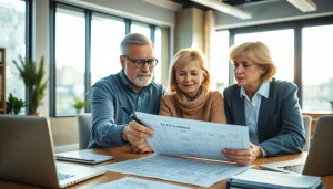 Estate Planning discussion between couple and advisor in a bright office setting.