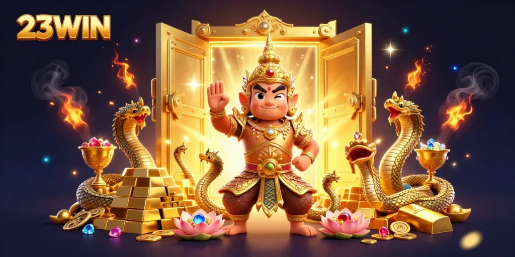 Engage in thrilling gameplay at 23WIN with an enchanting illustration of temple guardians surrounding golden treasures.
