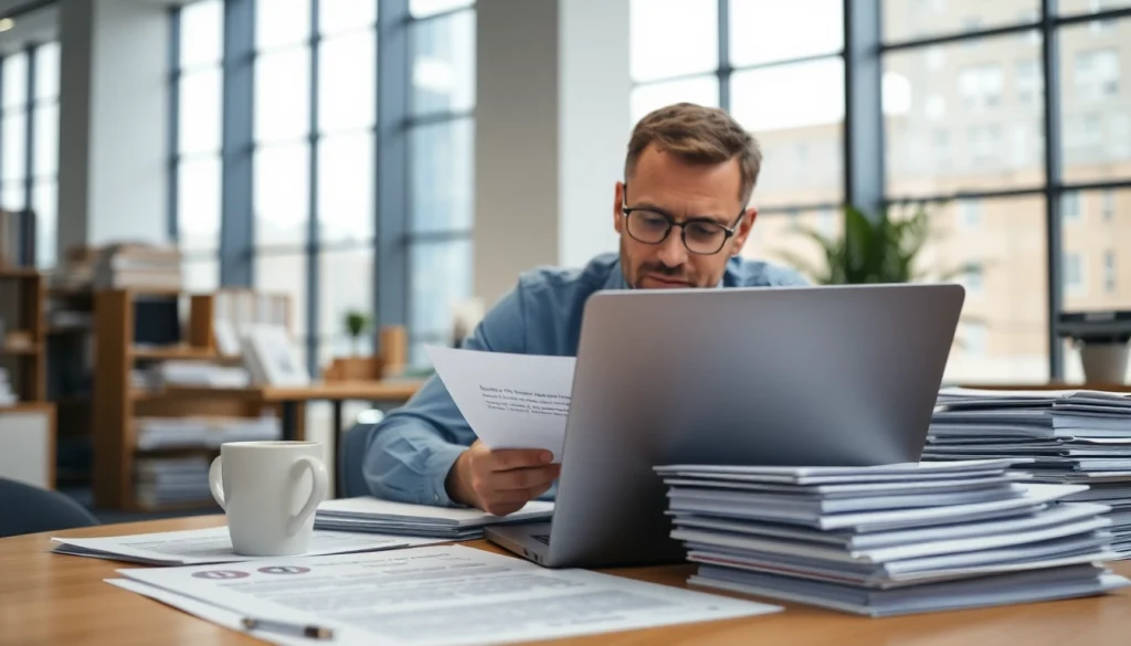 Visual representation of a professional reviewing Federal and State contracts in a modern workspace.
