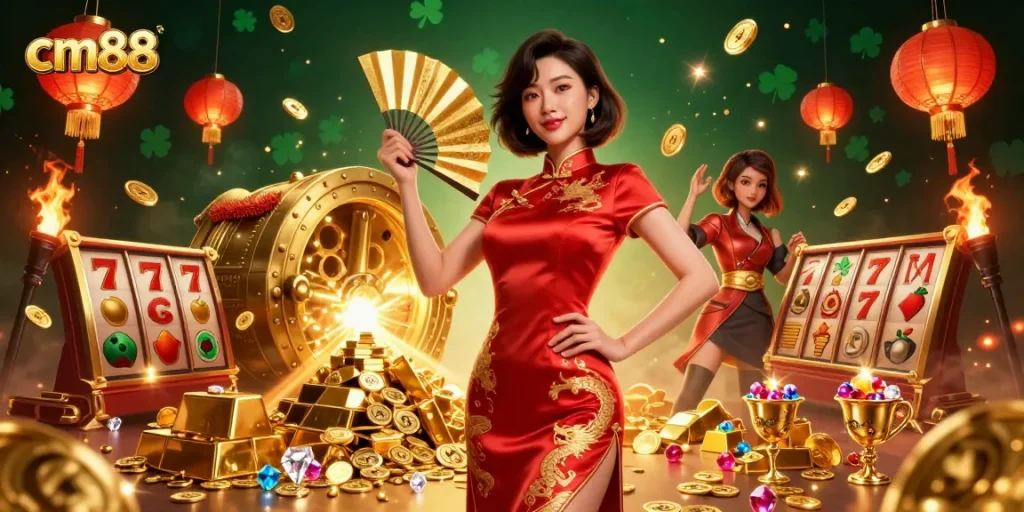Experience thrilling slots with cm88, featuring a confident woman amidst golden treasures and vibrant colors.