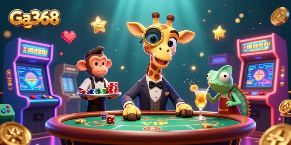 Engage in thrilling matches at Ga368 with vibrant gambling elements surrounding an animated scene.