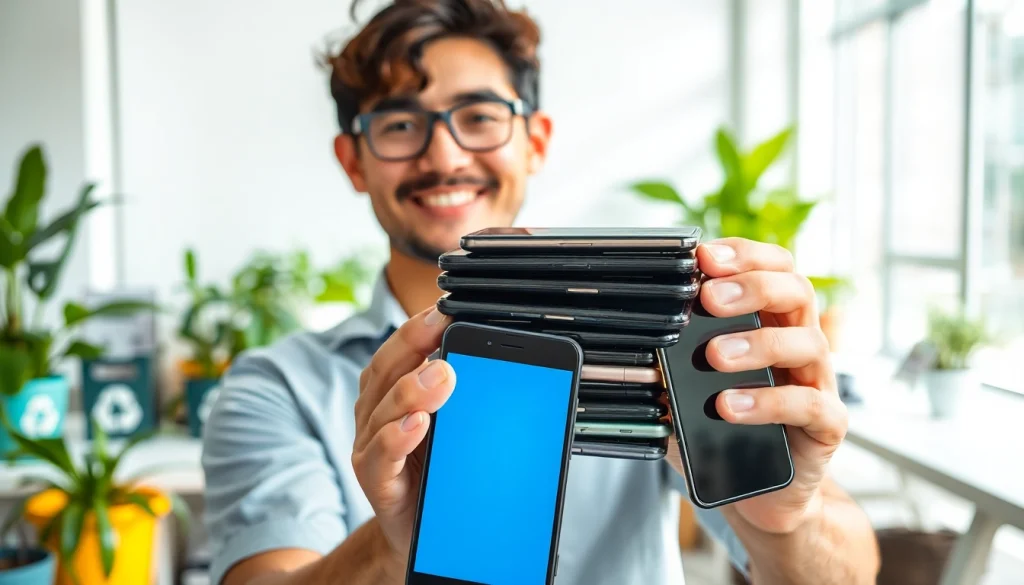 Explore options for Cash For Old Phones with a person recycling devices in a bright office.
