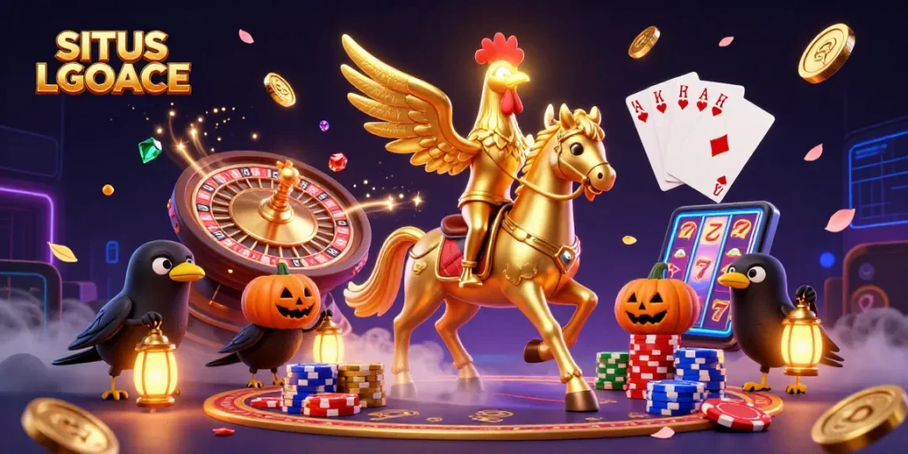 SITUS LGOACE showcases a jubilant slot game scene with a golden rooster and crow companions amidst casino elements.
