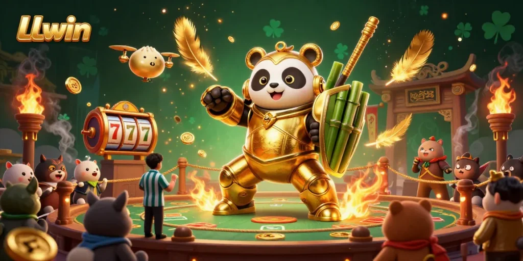 Experience thrilling LLwin casino action in a vibrant arena with a golden panda and dynamic game elements.