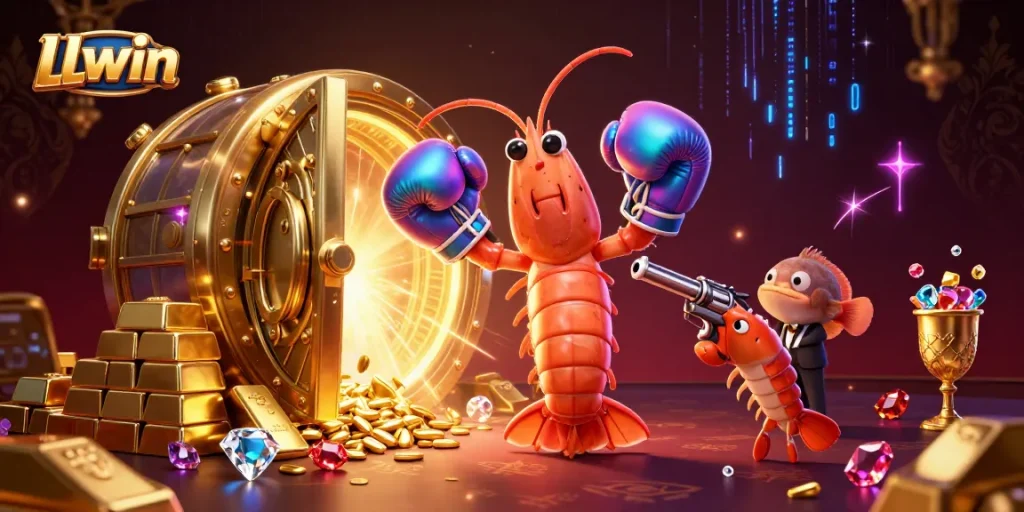 Spin the jackpot reels at LLwin with this vibrant 3D illustration featuring dynamic underwater characters.