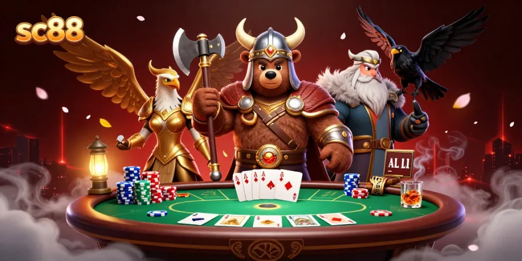 Play exciting poker at sc88 with a dynamic scene featuring a Viking bear, Valkyrie eagle, and glowing elements.