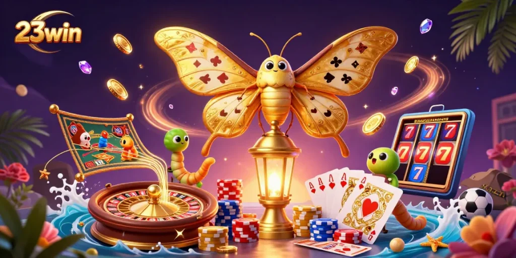 Experience thrilling gaming at 23win with a colorful casino scene featuring vibrant characters, spinning roulette, and golden rewards.