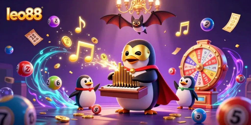 Experience the thrilling world of leo88 with playful penguin characters in a vibrant 3D casino scene.