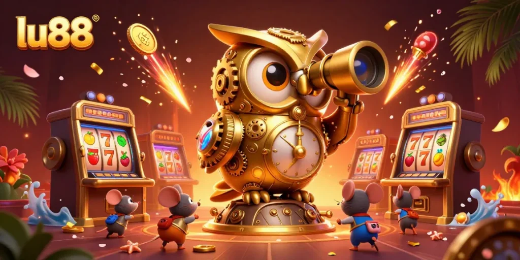 Engage with lu88's vibrant casino world featuring a golden owl and lively slot machines.